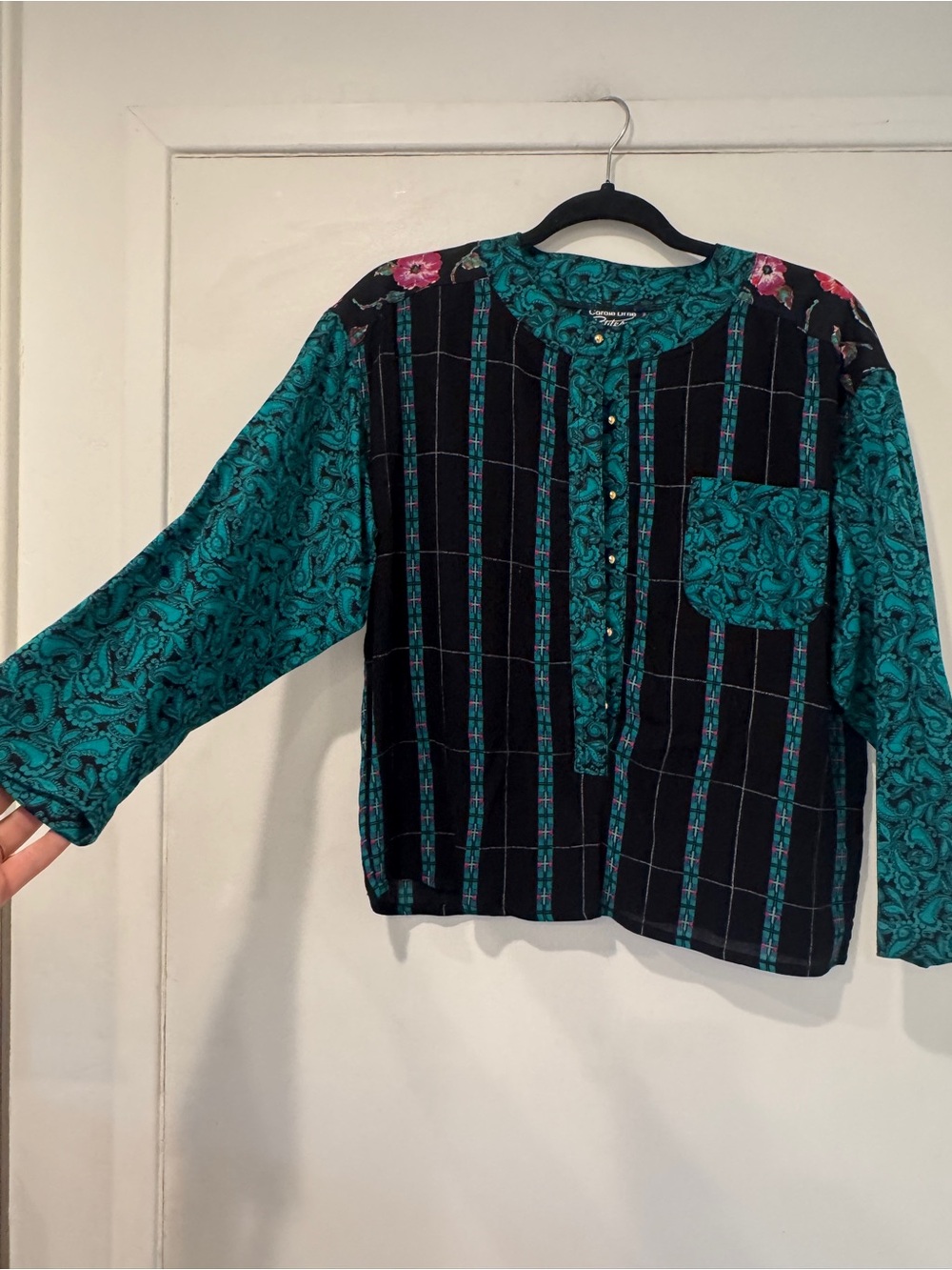 Vintage Carole Little Petites Teal Paisley Plaid Blouse - Picture 2 of 5
